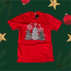 Red Christmas Tree Tee Shirt With Leopard Trees